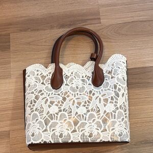 Chic Lace Overlay Tote Bag with Brown Handles